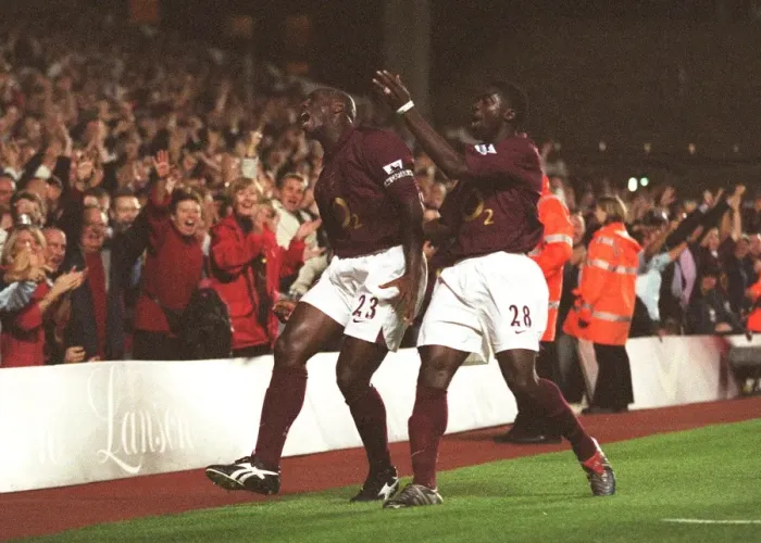 Framed Print : Campbell and Toure Celebrate Arsenal's First Goal: 2-0 Over Everton, FA Premier League, Highbury, 2005