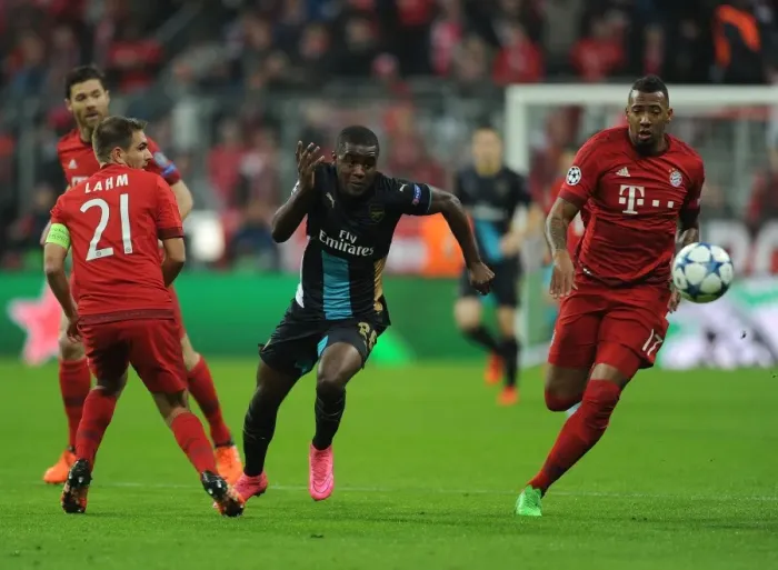 Framed Print : Campbell's Battle Against Lahm and Boateng: Bayern Munich vs. Arsenal, UEFA Champions League Framed Print : Campbell's Battle Against Lahm and Boateng: Bayern Munich vs. Arsenal, UEFA Champions League