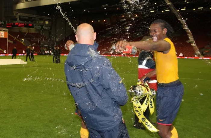 Framed Print : Captain Jay Thomas soaks Youth Team Coach Steve Bould after the match Framed Print : Captain Jay Thomas soaks Youth Team Coach Steve Bould after the match