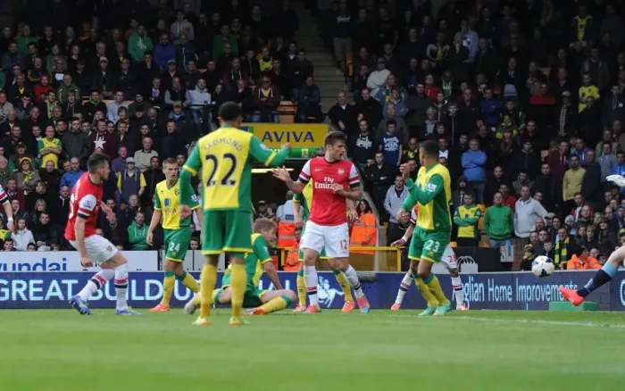 Framed Print : Carl Jenkinson Scores the Second: Norwich City vs Arsenal, Premier League 2013-14