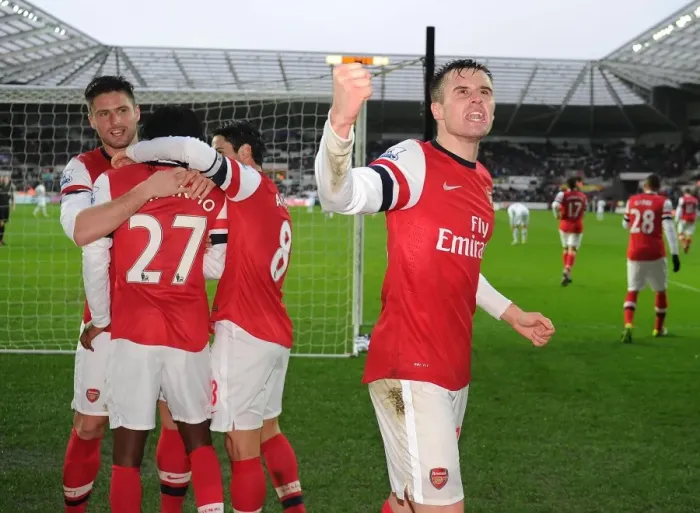 Framed Print : Carl Jenkinson's Exultant Moment: Arsenal's Goal Against Swansea City, Premier League 2012-13