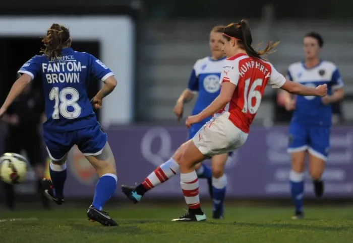 Framed Print : Carla Humphrey Scores Under Pressure in WSL Match: Arsenal Ladies vs. Bristol Academy (April 15, 2015)