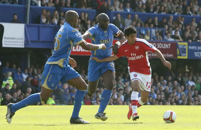 Framed Print : Carlos Vela (Arsenal) Sol Campbell and Sylvain Distin (Portsmouth)