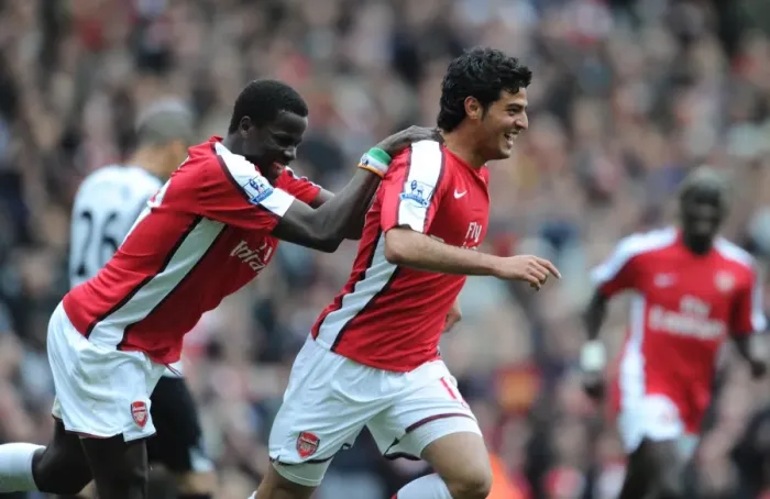 Framed Print : Carlos Vela celebrates scoring the 4th Arsenal goal with Emmanuel Eboue Framed Print : Carlos Vela celebrates scoring the 4th Arsenal goal with Emmanuel Eboue