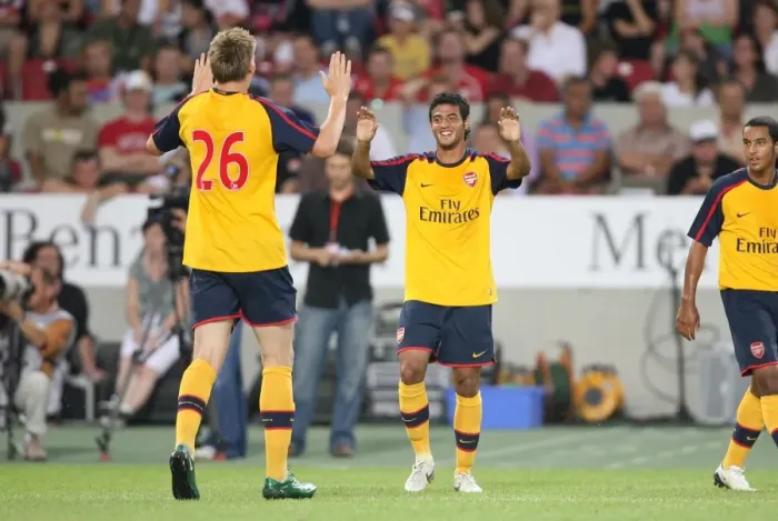 Framed Print : Carlos Vela celebrates scoring for Arsenal with Nicklas Bendtner Framed Print : Carlos Vela celebrates scoring for Arsenal with Nicklas Bendtner
