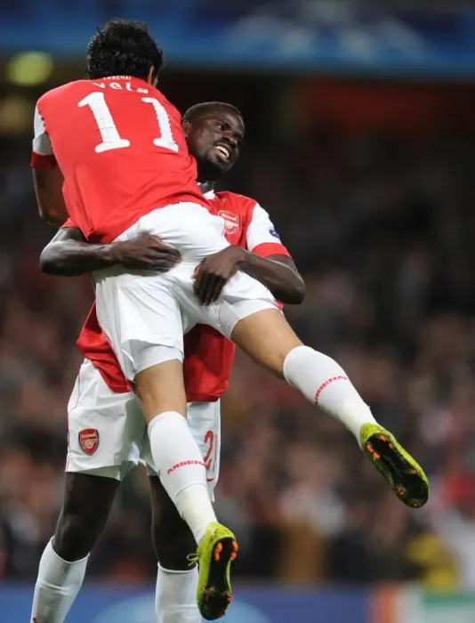 Framed Print : Carlos Vela and Emmanuel Eboue: Arsenal's Unstoppable Duo Celebrates Fifth Goal in 6-0 Rout of SC Braga