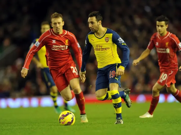 Framed Print : Cazorla Breaks Past Lucas: Intense Battle between Liverpool and Arsenal in the Premier League (2014 / 15)