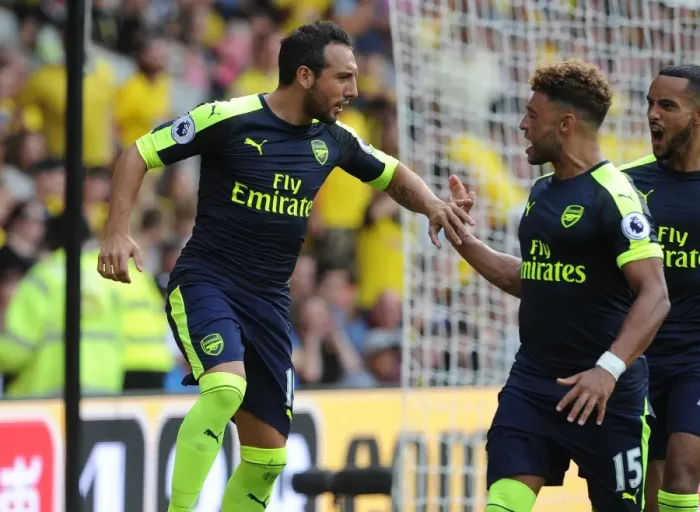 Framed Print : Cazorla and Oxlade-Chamberlain: Arsenal's Dynamic Duo Celebrate Goal vs Watford (2016-17)