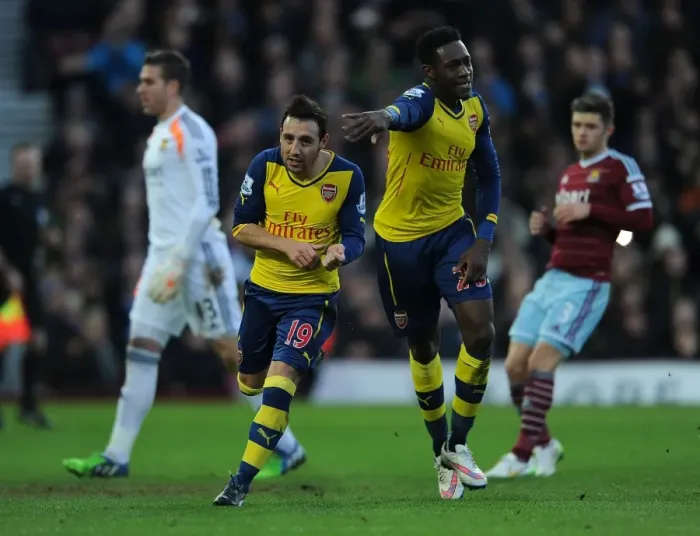Framed Print : Cazorla and Welbeck Celebrate Arsenal's First Goal Against West Ham United (2014-15) Framed Print : Cazorla and Welbeck Celebrate Arsenal's First Goal Against West Ham United (2014-15)