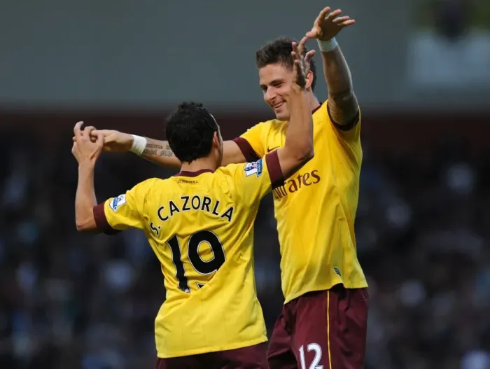 Framed Print : Celebrating Arsenal's First Goal: Giroud and Cazorla's Jubilant Moment (2012-13)