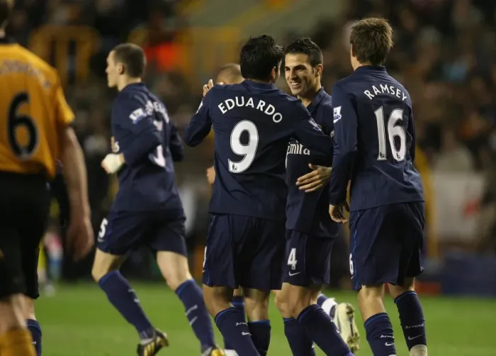 Framed Print : Celebrating Glory: Arsenal's Unforgettable 4-1 Victory Over Wolves (2009) - Fabregas, Ramsey, and Eduardo's Euphoric Moment Framed Print : Celebrating Glory: Arsenal's Unforgettable 4-1 Victory Over Wolves (2009) - Fabregas, Ramsey, and Eduardo's Euphoric Moment