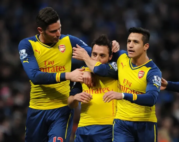 Framed Print : Celebrating Glory: Cazorla, Giroud, Sanchez's Unforgettable Goal Connection (Manchester City vs Arsenal, 2014-15)