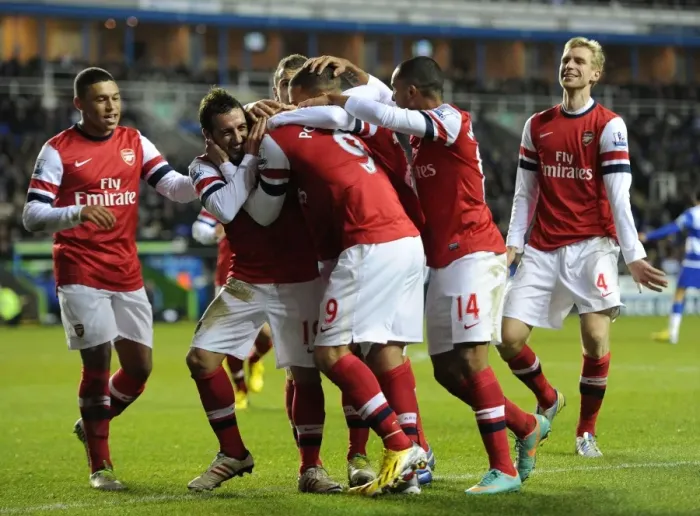 Framed Print : Celebrating Glory: Cazorla and Podolski's Euphoric Dance after Arsenal's Thrilling Victory at Reading (2012-13)
