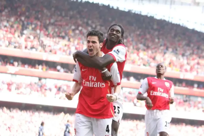 Framed Print : Celebrating Glory: Fabregas and Adebayor Rejoice After Arsenal's Second Goal vs. Bolton Wanderers (2007)