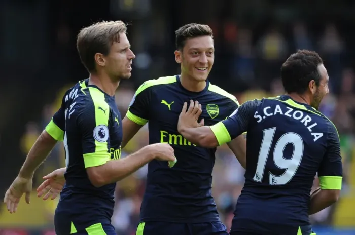 Framed Print : Celebrating Glory: The Goal Connection of Cazorla, Monreal, and Ozil (Watford vs. Arsenal, 2016-17)