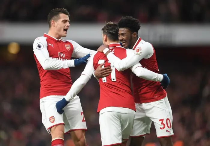 Framed Print : Celebrating Glory: Ozil, Xhaka, and Maitland-Niles Rejoice in Arsenal's Goal vs. Newcastle United (2017-18) Framed Print : Celebrating Glory: Ozil, Xhaka, and Maitland-Niles Rejoice in Arsenal's Goal vs. Newcastle United (2017-18)