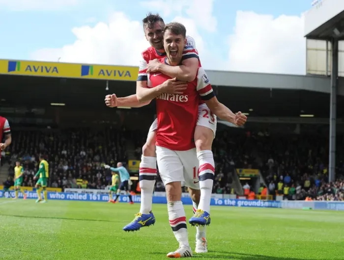 Framed Print : Celebrating Glory: Ramsey and Jenkinson's Unforgettable Goal Connection (Norwich City vs. Arsenal, 2013-14)