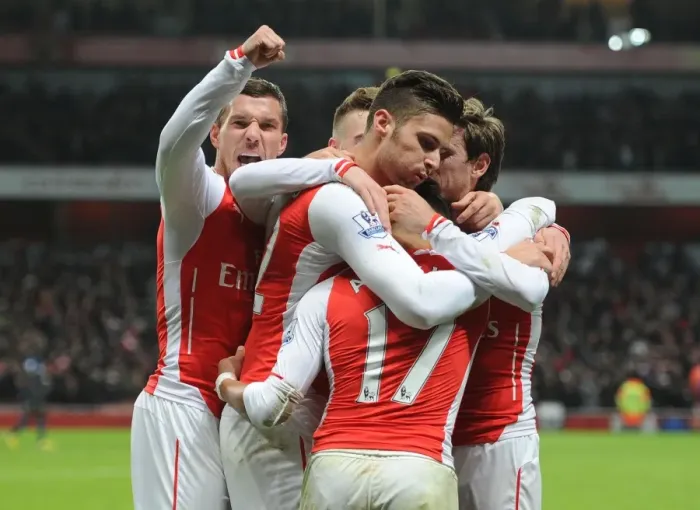 Framed Print : Celebrating Glory: Sanchez, Giroud, Podolski, and Monreal's Unforgettable Moment at Arsenal vs. Southampton (2014-15)