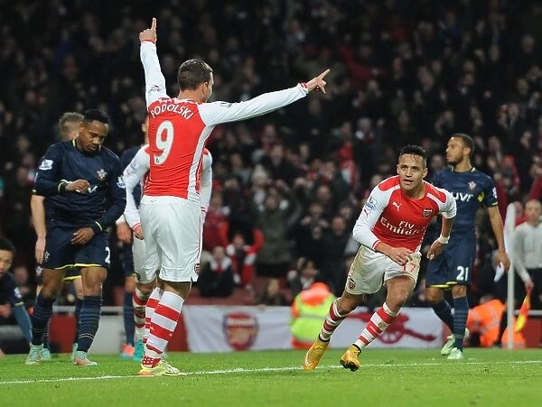 Celebrating Glory: Sanchez and Podolski's Unforgettable Goal Connection (Arsenal vs Southampton, 2014-15)