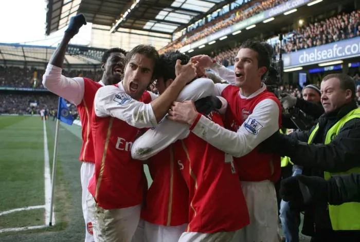Framed Print : Celebrating a Goal: Adebayor, Flamini, Fabregas, van Persie (Arsenal 2-1 Chelsea, 2008) Framed Print : Celebrating a Goal: Adebayor, Flamini, Fabregas, van Persie (Arsenal 2-1 Chelsea, 2008)