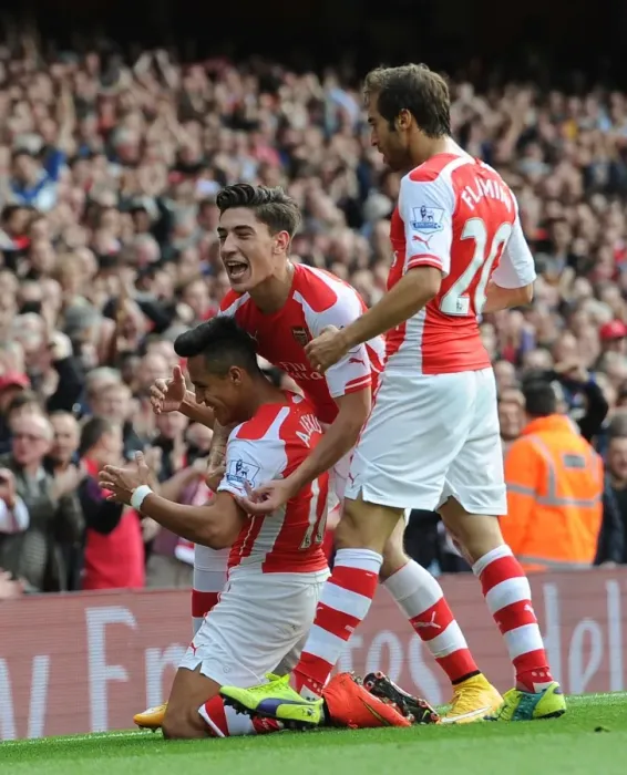 Framed Print : Celebrating a Goal: Alexis Sanchez, Hector Bellerin, and Mathieu Flamini (Arsenal vs. Hull City, 2014-15)