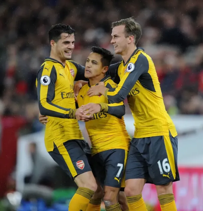 Framed Print : Celebrating a Goal: Alexis Sanchez, Rob Holding, and Granit Xhaka (Middlesbrough vs. Arsenal, 2016-17) Framed Print : Celebrating a Goal: Alexis Sanchez, Rob Holding, and Granit Xhaka (Middlesbrough vs. Arsenal, 2016-17)