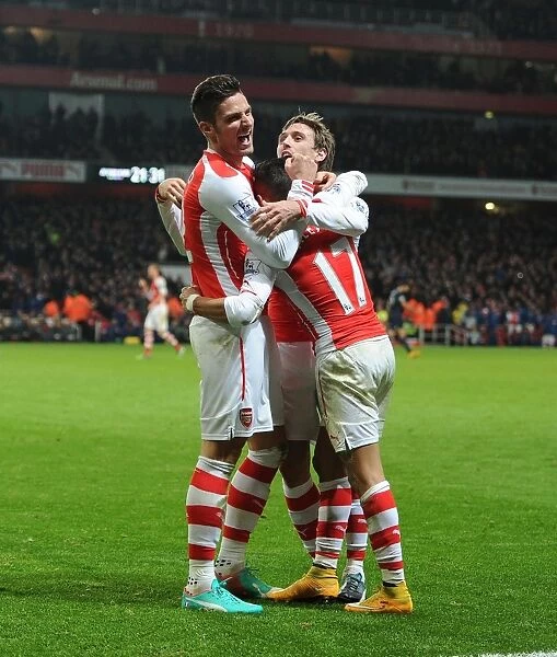 Celebrating a Goal: Alexis Sanchez, Olivier Giroud, and Nacho Monreal (Arsenal vs. Southampton, 2014-15)