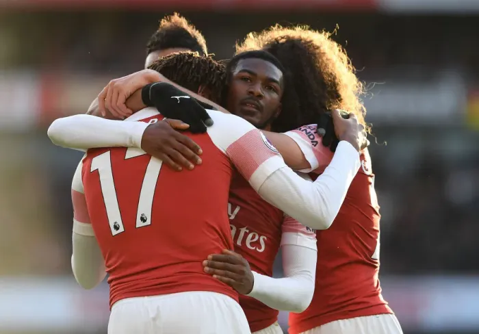 Framed Print : Celebrating a Goal: Iwobi and Maitland-Niles Rejoice after Arsenal's Third against Burnley Framed Print : Celebrating a Goal: Iwobi and Maitland-Niles Rejoice after Arsenal's Third against Burnley
