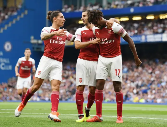 Framed Print : Celebrating a Goal: Mkhitaryan, Iwobi, and Bellerin (Chelsea vs Arsenal, 2018-19)