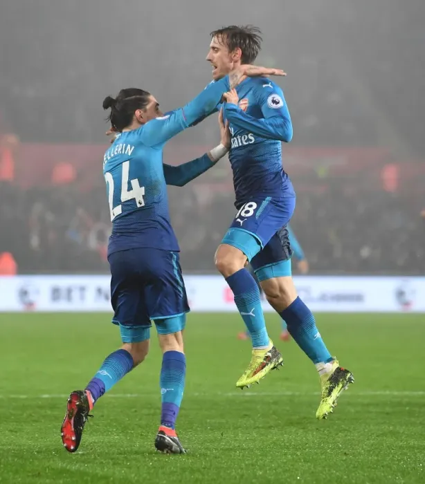 Framed Print : Celebrating the Goal: Monreal and Bellerin Rejoice After Scoring for Arsenal Against Swansea Framed Print : Celebrating the Goal: Monreal and Bellerin Rejoice After Scoring for Arsenal Against Swansea