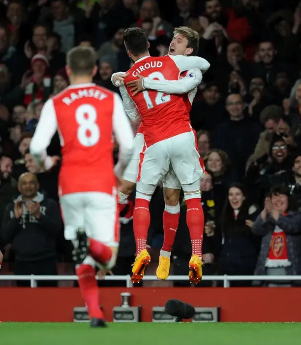 Framed Print : Celebrating the Goal: Monreal and Giroud's Exultant Moment at Arsenal vs Leicester City Framed Print : Celebrating the Goal: Monreal and Giroud's Exultant Moment at Arsenal vs Leicester City