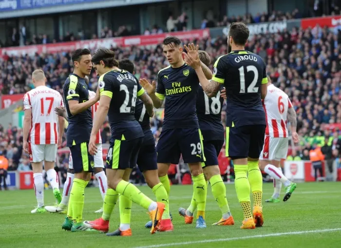 Framed Print : Celebrating a Goal: Olivier Giroud and Granit Xhaka (Stoke City vs. Arsenal, 2016-17)