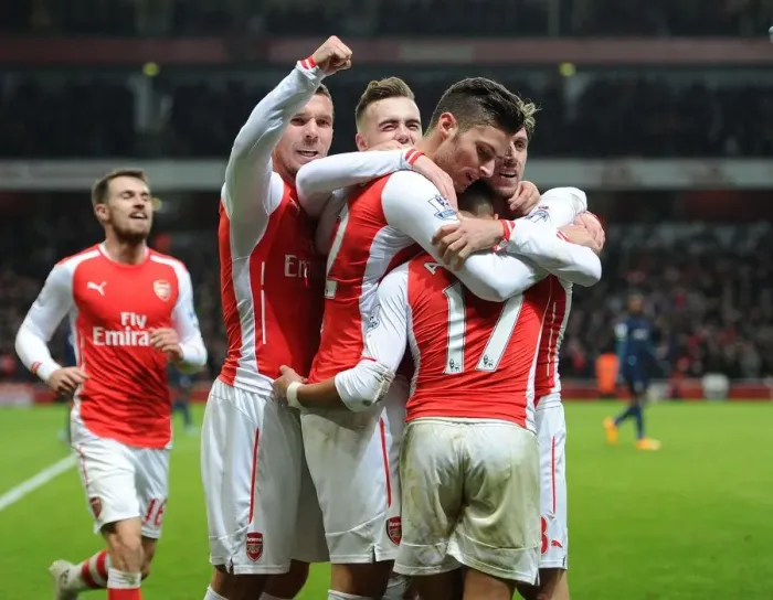 Framed Print : Celebrating Together: Sanchez, Giroud, Podolski, and Monreal (Arsenal vs Southampton, 2014-15)