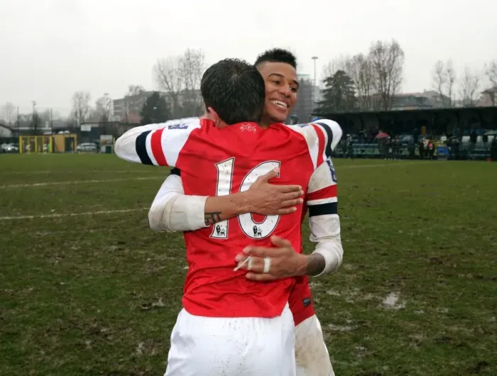 Framed Print : Celebrating Victory: Angha and Lipman of Arsenal U19 after Winning the NextGen Series Match against Inter Milan U19