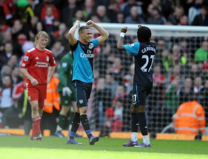 Framed Print : Celebrating Victory: Arsenal's Gibbs and Gervinho at Anfield (Liverpool v Arsenal 2011-12) Framed Print : Celebrating Victory: Arsenal's Gibbs and Gervinho at Anfield (Liverpool v Arsenal 2011-12)