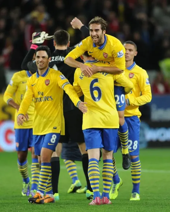 Framed Print : Celebrating Victory: Flamini, Koscielny, and Arteta (Cardiff City vs. Arsenal, 2013-14)