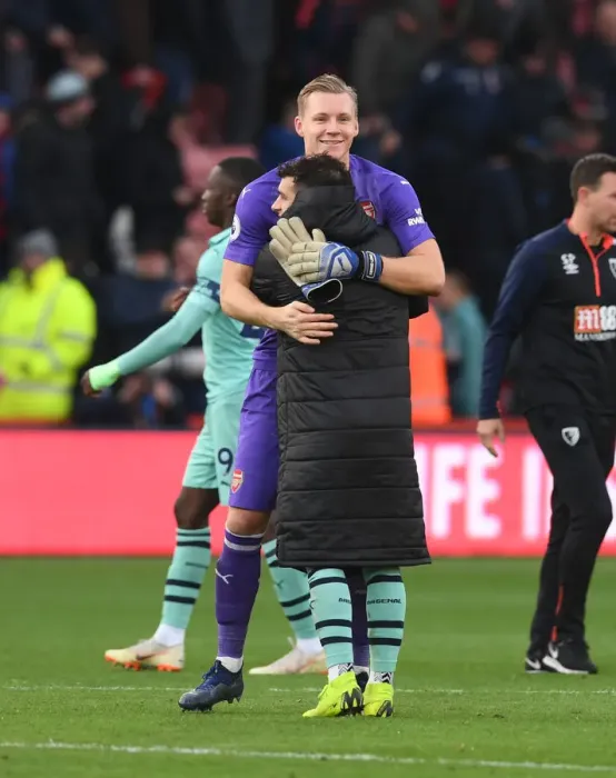 Framed Print : Celebrating Victory: Leno and Torreira's Moment of Triumph after Arsenal's Win against Bournemouth Framed Print : Celebrating Victory: Leno and Torreira's Moment of Triumph after Arsenal's Win against Bournemouth