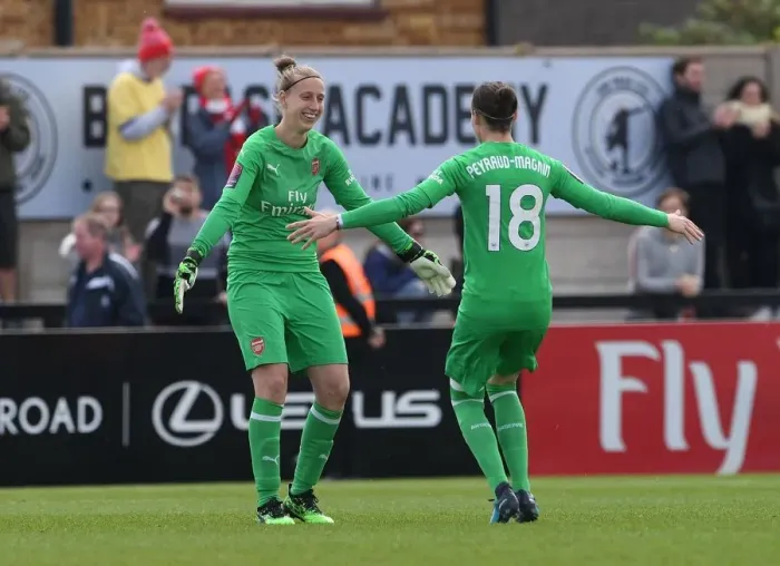 Framed Print : Celebrating Victory: Peyraud-Magnin and Van Veenendaal of Arsenal Women