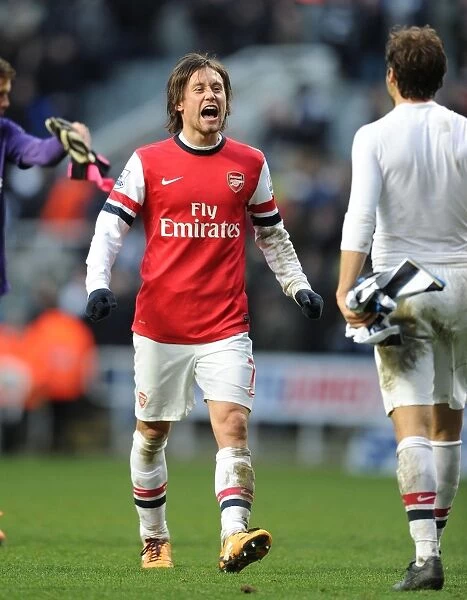 Celebrating Victory: Rosicky and Flamini Rejoice After Arsenal's Win Against Newcastle United (2013-14)