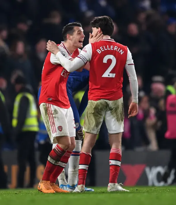 Framed Print : Celebrating Victory: Xhaka and Bellerin Rejoice After Arsenal's Win Against Chelsea Framed Print : Celebrating Victory: Xhaka and Bellerin Rejoice After Arsenal's Win Against Chelsea