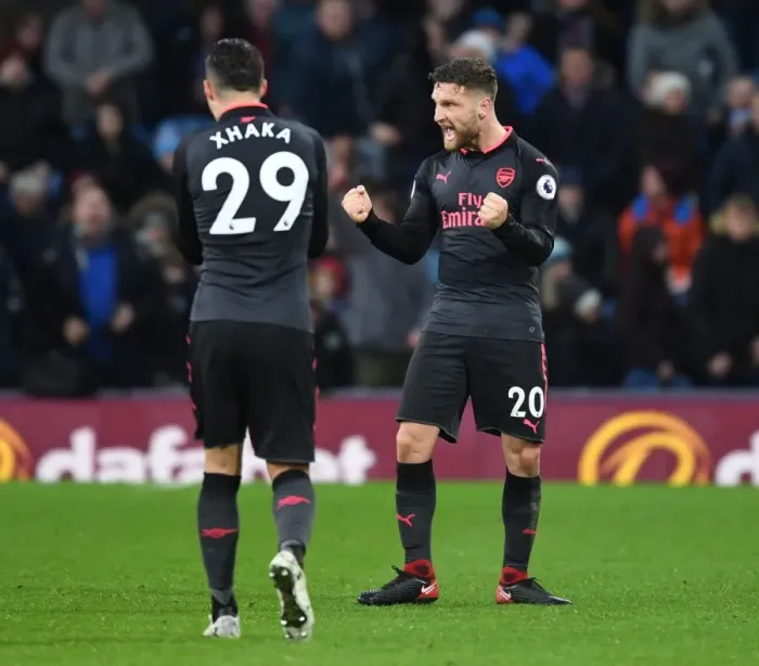Framed Print : Celebrating Victory: Xhaka and Mustafi's Moment of Triumph (Burnley vs. Arsenal, 2017-18)