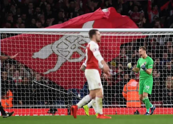 Framed Print : Celebrating the Win: Bernd Leno's Exultant Moment after Arsenal's Victory over Tottenham Hotspur (2018-19)