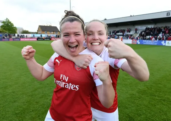 Framed Print : Celebration: Arsenal Women's Emma Mitchell and Kim Little