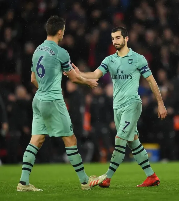 Framed Print : Celebration Moment: Koscielny and Mkhitaryan High-Five After Arsenal's Win Against Southampton (2018-19)