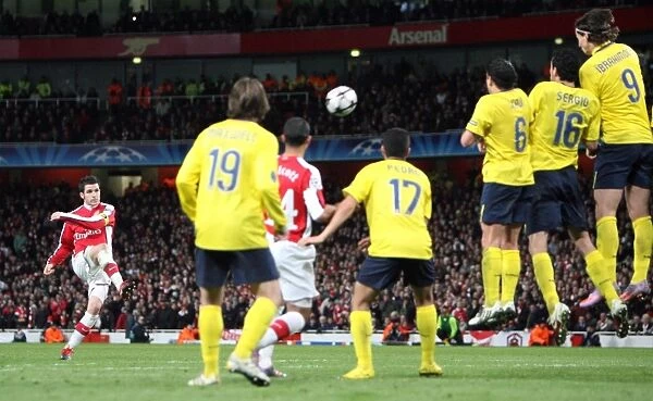 Cesc Fabregas (Arsenal) bends a free kick over the Barcelona wall. Arsenal 2: 2 Barcelona