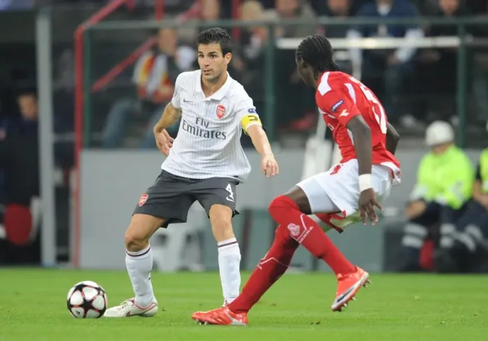 Framed Print : Cesc Fabregas (Arsenal) Eliaquim Mangala (Standard Liege) Framed Print : Cesc Fabregas (Arsenal) Eliaquim Mangala (Standard Liege)