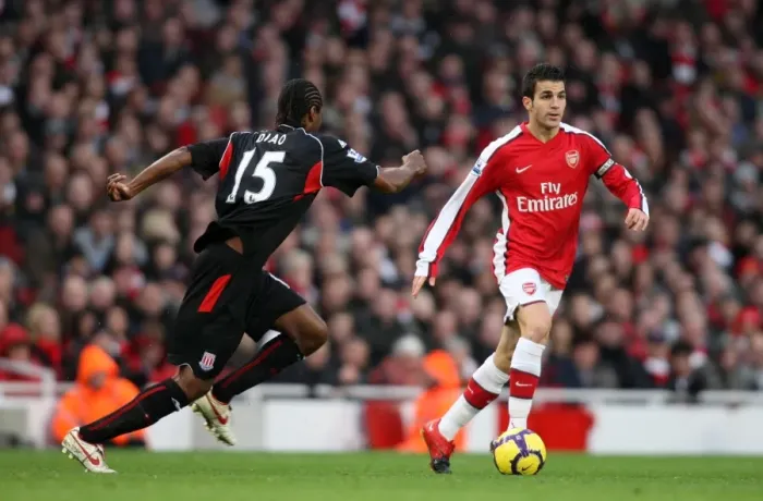 Framed Print : Cesc Fabregas (Arsenal) Salif Diao (Stoke). Arsenal 2: 0 Stoke City. Barclays Premier League Framed Print : Cesc Fabregas (Arsenal) Salif Diao (Stoke). Arsenal 2: 0 Stoke City. Barclays Premier League