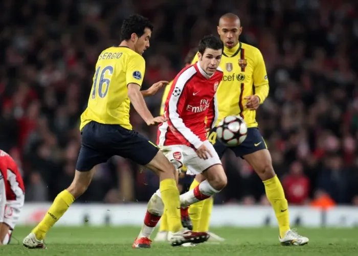 Framed Print : Cesc Fabregas (Arsenal) Sergio Busquets and Thierry Henry (Barcelona). Arsenal 2 Framed Print : Cesc Fabregas (Arsenal) Sergio Busquets and Thierry Henry (Barcelona). Arsenal 2