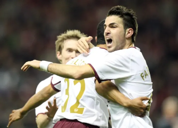 Framed Print : Cesc Fabregas celebrates Arsenals second goal with Theo Walcott