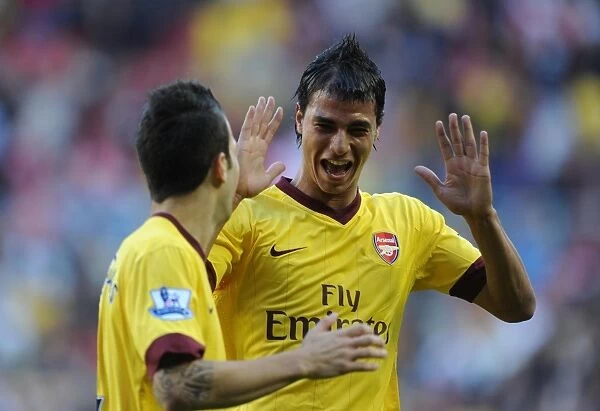 Cesc Fabregas celebrates scoring the Arsenal goal with Marouane Chamakh